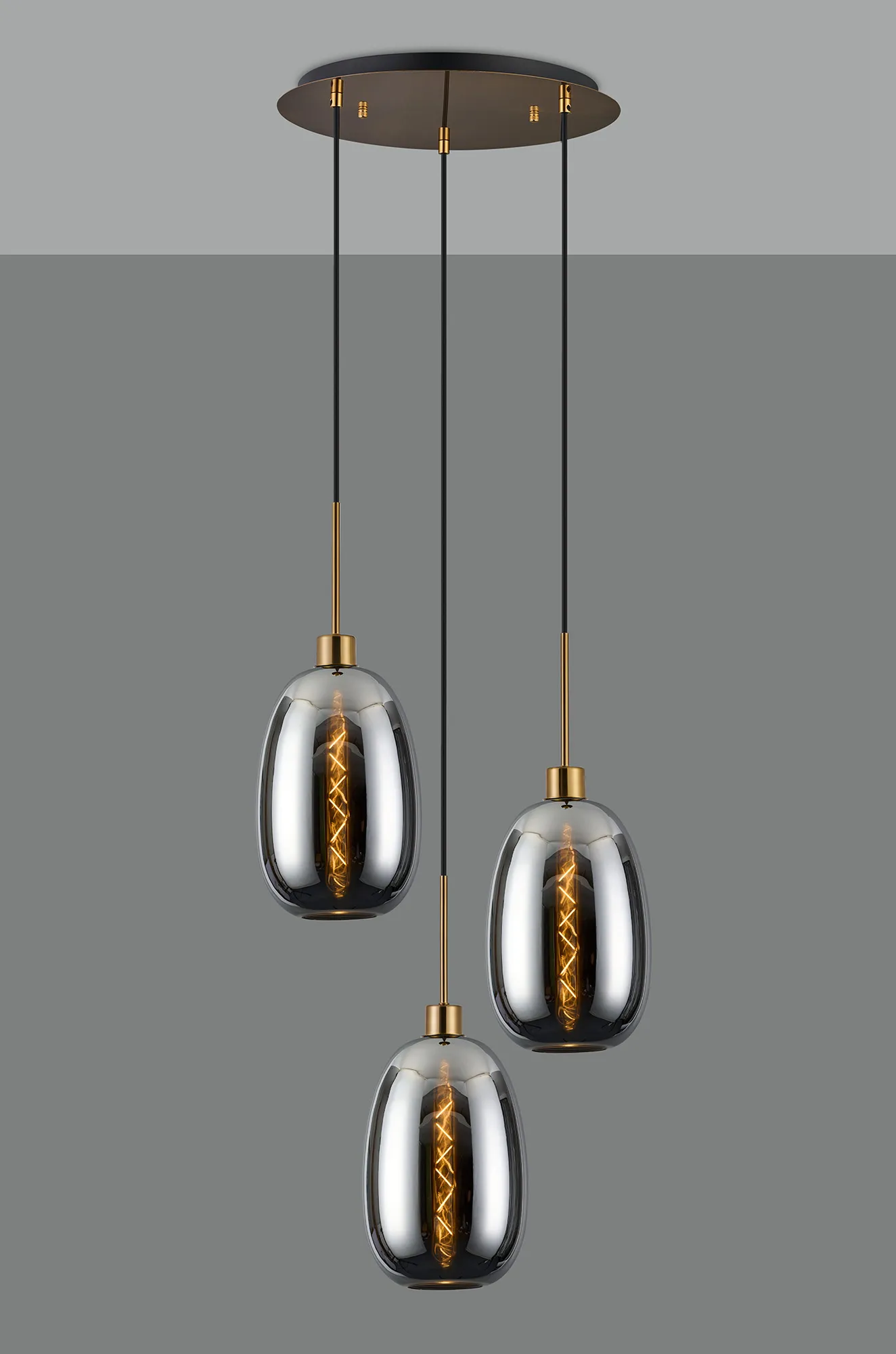 Lori 40cm Round Pendant, 3 Light Adjustable E27, Antique Gold/Chrome Slim Curved Trapezium Shades DK1174  Deco Lori Antique Gold